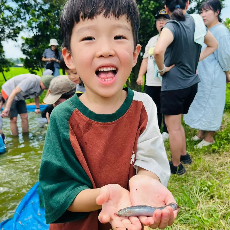 孩子在庄腳囡仔的戶外活動中,跟著合作老師近距離觀察並餵食土雞